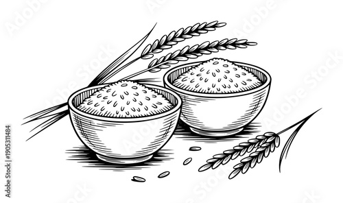 Bowls of rice with wheat stalks and scattered grains a white background food