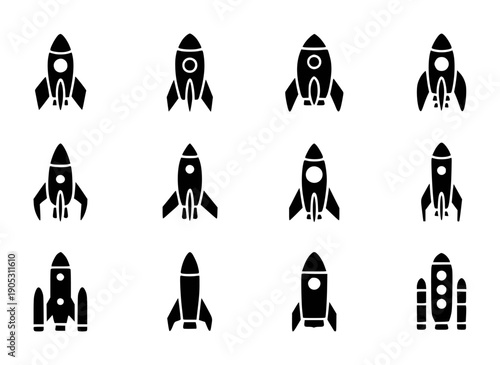 Collection of black rocket ship a white background space travel
