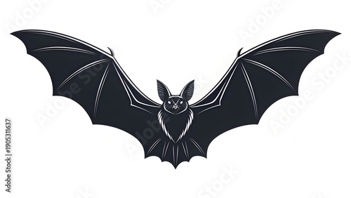 A striking, symmetrical graphic illustration of a bat with its expansive wings fully outstretched. 