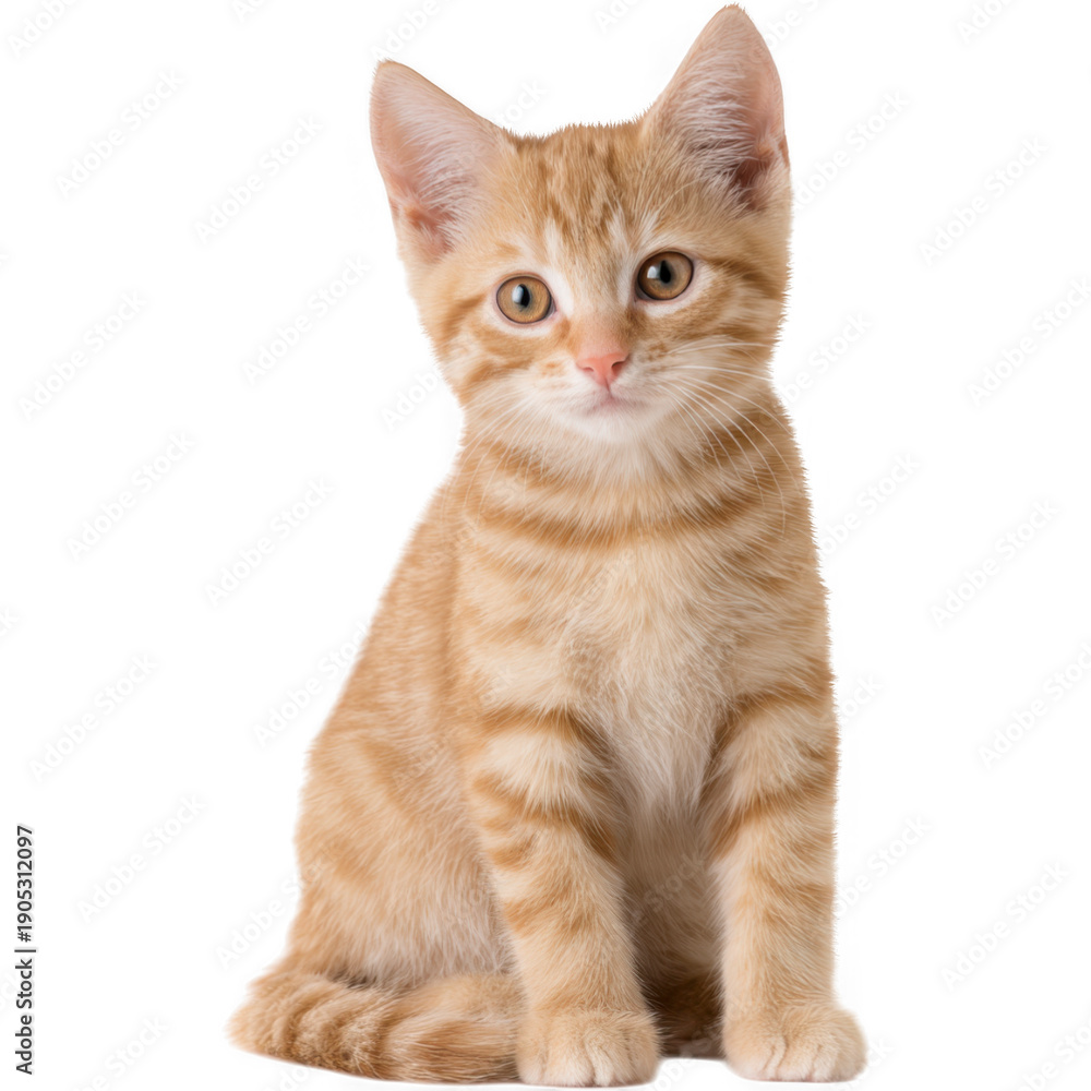 Obraz premium Adorable orange tabby kitten sit, gaze with wide eyes, innocent curiosity