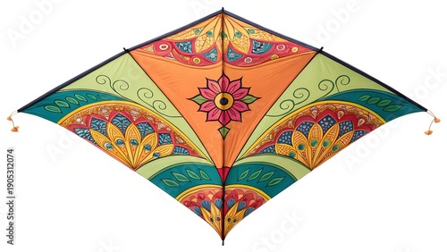 A stunning diamond-shaped kite showcasing an intricate, symmetrical design with a vibrant color palette.