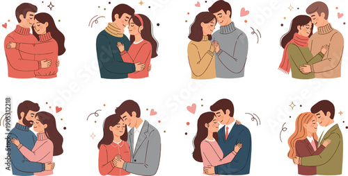 Romantic couple character set showing love, affection and emotional bonding, warm relationship moments illustrated in modern flat vector style for Valentine and lifestyle design