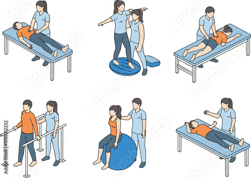 Set of isometric physical therapy and rehabilitation icons, professional medical massage, physiotherapy exercises, and patient recovery vector