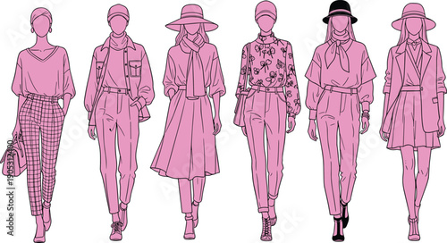 Collection of stylish woman fashion illustrations in pink, trendy autumn street wear outfits, hand drawn vector sketches