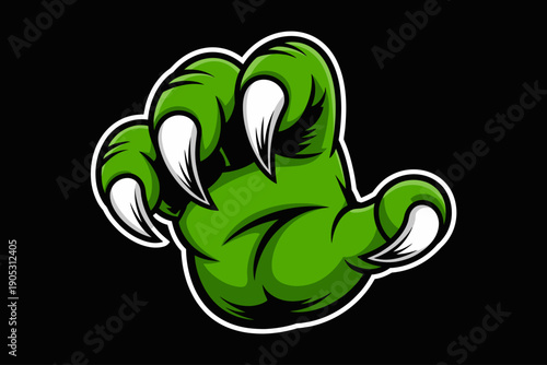 Green monster claw reaching out with sharp white talons against black background