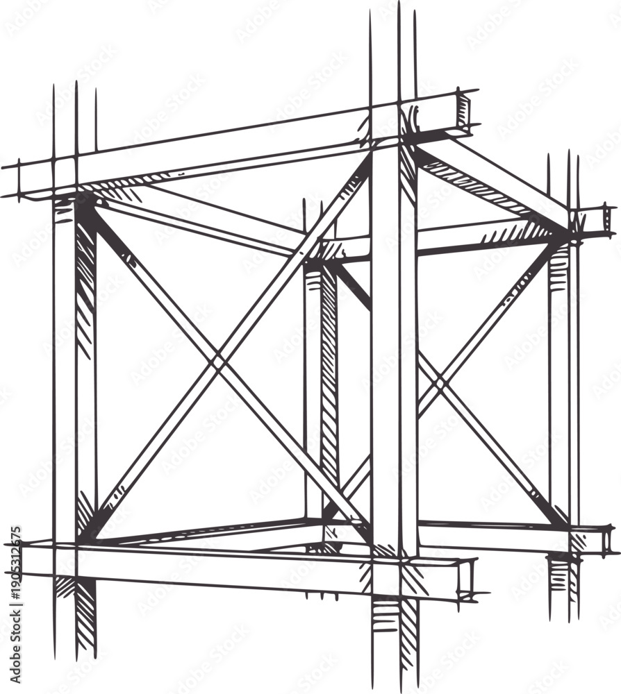 Fototapeta premium Hand drawn architectural of a complex steel frame structure construction