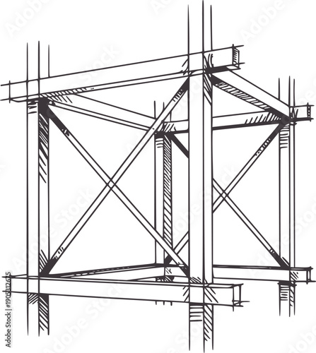 Hand drawn architectural of a complex steel frame structure construction