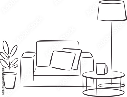 Minimalist line of a cozy armchair with pillows and a plant table