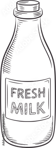 Minimalist pen ink of a glass bottle with fresh milk label