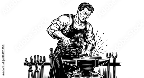 Blacksmith working with hammer and anvil illustration.