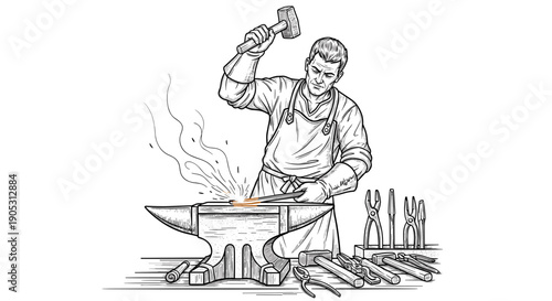 Blacksmith working on anvil with hammer and tongs.