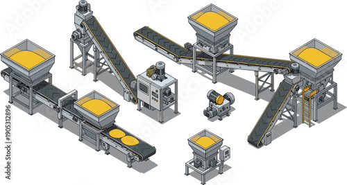Isometric industrial conveyor belt system for food processing factory, automated production line machinery, vector illustration