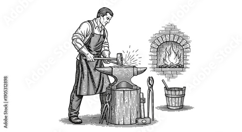 Blacksmith working at anvil with hammer and forge.