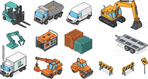 Set of isometric construction vehicles and heavy machinery icons, industrial transportation equipment and building tools vector