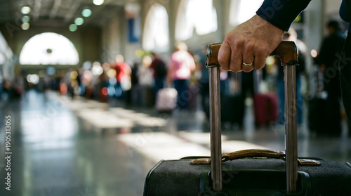 Bild auf Leinwand Close-up of senior man's hand gripping suitcase handle in busy sunlit airport te