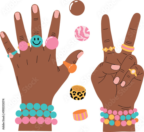 Stylish hands illustration set with rings, bracelets and nail art in modern flat vector style celebrating fashion, beauty and self expression