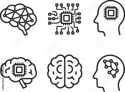 Six monochrome line icons featuring human brains integrated with computer chips and digital network connections