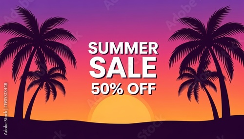 Wallpaper Mural Tropical Summer Sale: Silhouette of palm trees, with summer sale text. A radiant summer scene, evokes feelings of warmth, vacations, and retail opportunities.  Torontodigital.ca