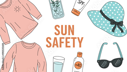 Sun safety illustration set with sunscreen, protective clothing, hat and sunglasses in flat vector style for summer health, skincare and outdoor awareness design