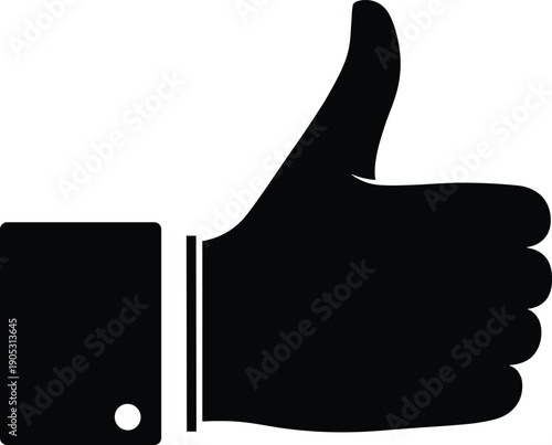 Vector illustration of thumbs-up hand icon in black-and-white minimalist design symbolizing approval, agreement, positivity, and endorsement