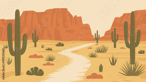 Stylized desert landscape with saguaro cacti and winding path under rocky mesas cactus