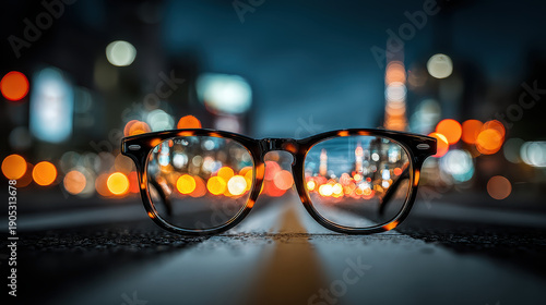 Black-rimmed eyeglasses placed on road surface reflecting blurred city lights and tower structure at night with orange bokeh and street elements under dark blue sky atmosphere