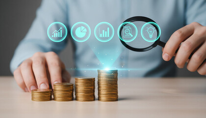 Business person hand holding magnifying glass over stacks of gold coins with financial chart icons