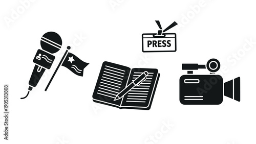 A microphone with a flag, a notebook with a pen, a press pass, and a camera.