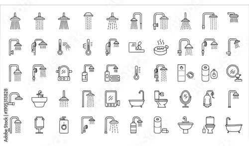 Minimal outline shower icon collection of 80 symbols for UI and web design