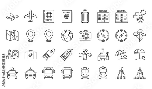 Thin line travel icons collection with editable stroke for web and banners