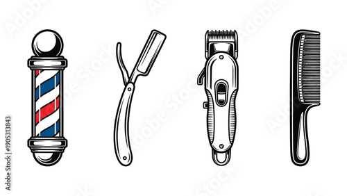 A barber pole, straight razor, electric clipper, and comb are displayed in a row.
