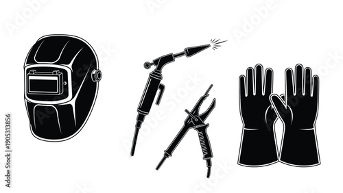 Welding equipment including a helmet, torch, pliers, and gloves are displayed.