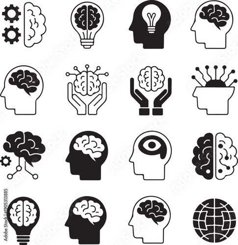 A large grid of sixteen black and white icons depicting concepts of intelligence, ideas, and technological thinking