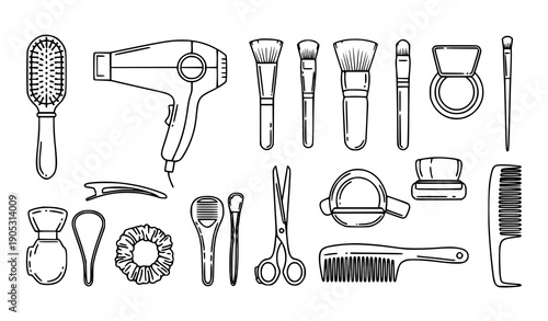 Minimal linear haircare and beauty tools icons for shops, books, and banners