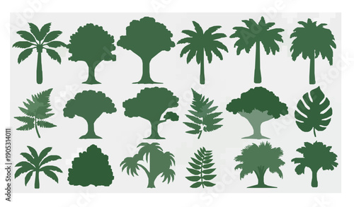 Green Tropical Jungle Tree Silhouettes and Leaf Icons Vector PNG Set