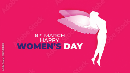 Happy womens day 8th march celebration illustration with angelic female silhouette on bright pink background.