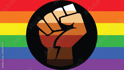 A vector illustration featuring a raised fist, colored with shades representing Black and Brown skin tones, centered within a black circle, superimposed over the Progress Pride Flag background.
