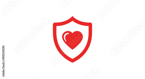 Red shield icon with heart symbolizing protection and care.