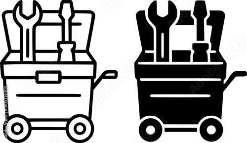 Industrial icon, vector illustration of tool cart, black and white in outline and silhouette design style