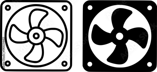 Industrial icon, vector illustration of fan, black and white in outline and silhouette design style