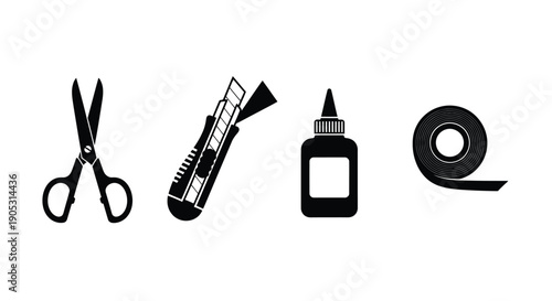 A pair of scissors, a utility knife, a bottle of glue, and a roll of tape are displayed.