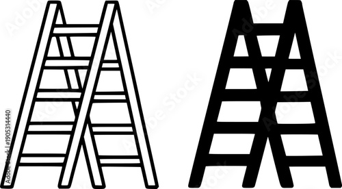 Industrial icon, vector illustration of folding ladder, black and white in outline and silhouette design style