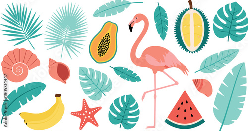 Tropical summer illustration set with flamingo exotic fruits palm leaves banana watermelon and sea elements in colorful flat style for vacation and beach designs