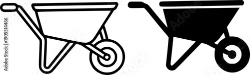 Industrial icon, vector illustration of a wheelbarrow, black and white in outline and silhouette design style