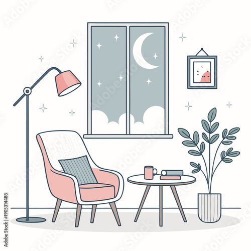 A serene nighttime scene with a chair and lamp beside a window, a table, and a plant, illustrated in a minimalist style, showcasing a cozy atmosphere, reference 98745131545