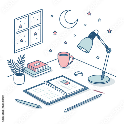 Nighttime Study Session with Books and Stationery on Desk under Moonlight