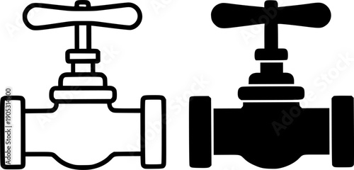 Industrial icon, vector illustration of water valve, black and white in outline and silhouette design style
