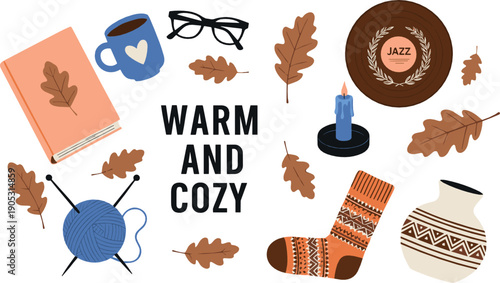 Warm and cozy autumn illustration set with coffee mug books candle socks vinyl record yarn and fall leaves in cute flat style for hygge lifestyle designs