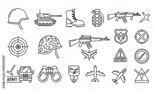 Linear army symbols icon pack with editable stroke for editorial use