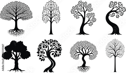 Minimalist black tree silhouettes collection, diverse stylized trunks and branches, modern vector nature illustrations for design, decoration, cataloging, and symbolic representation